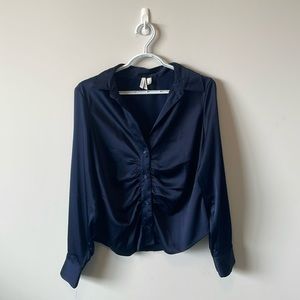 Shimmery v-neck, button down, rouched shirt